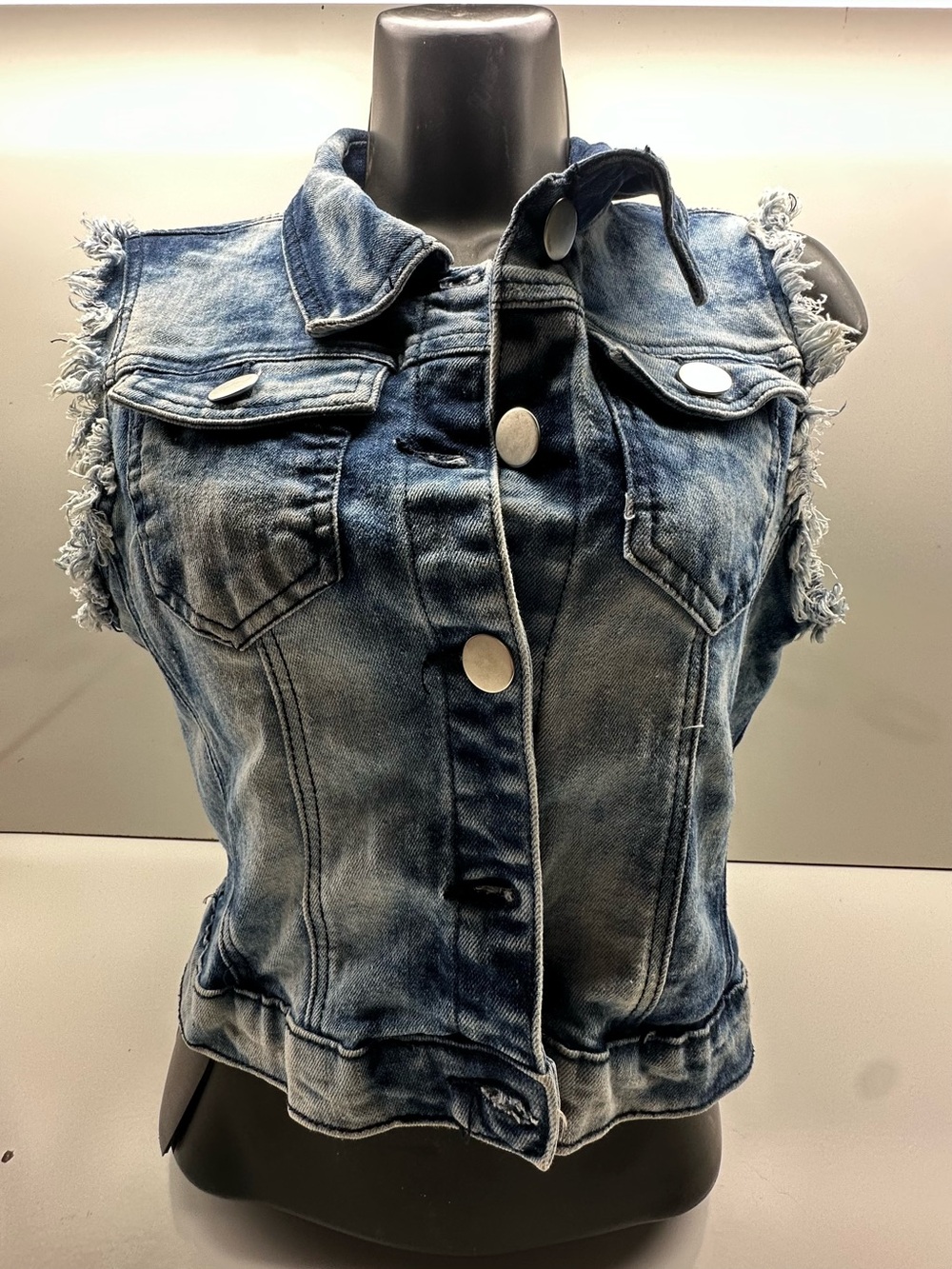 Thrill Distressed Washed Denim Vest - Blue